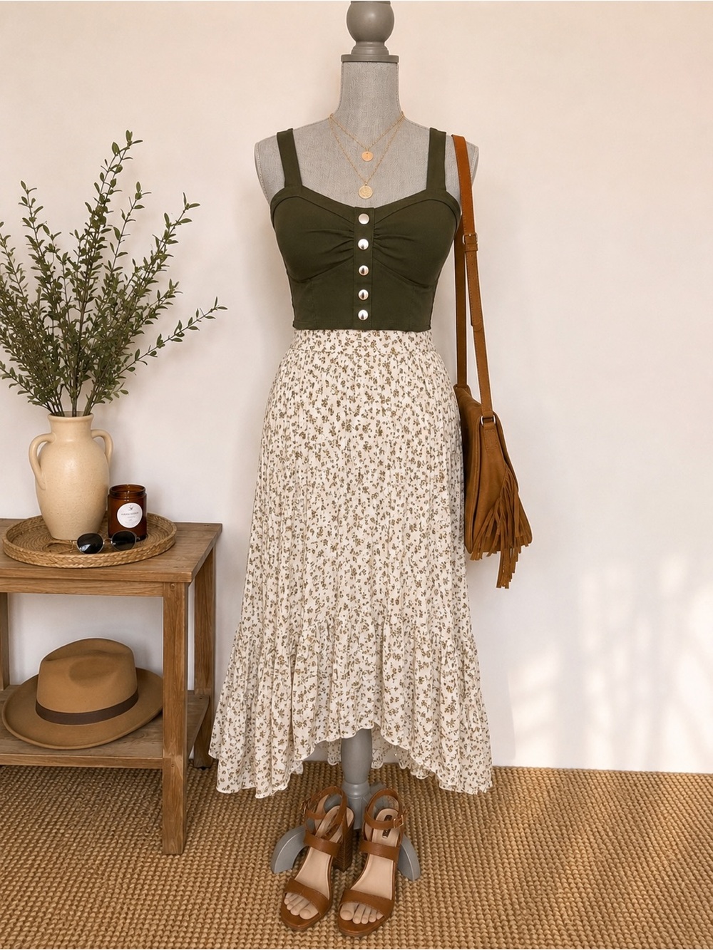 Haute Monde Olive Button-Front Crop Top Small